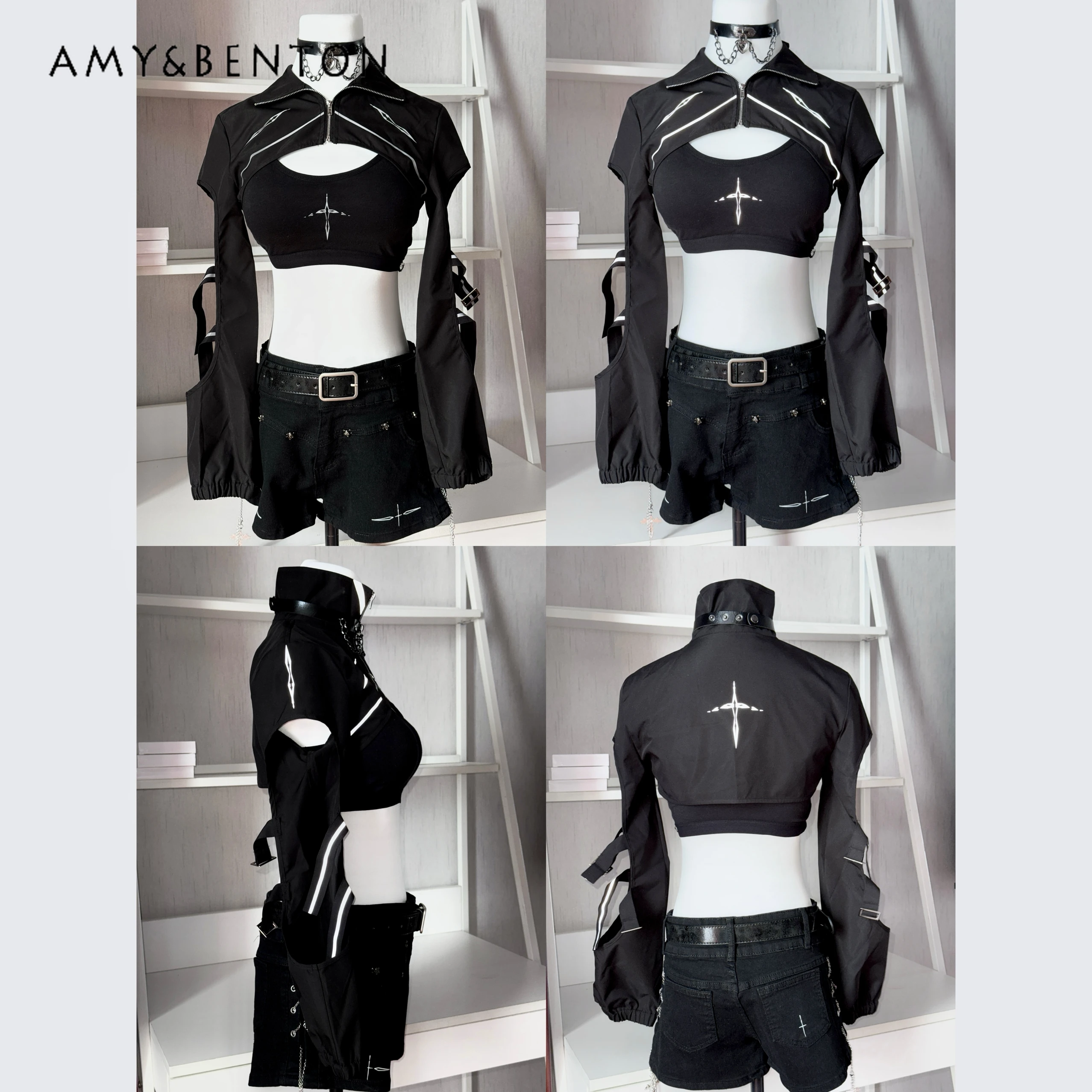 

Subculture Punk Style Reflective Laser Printing Vest Stand Collar Hollow Long-sleeved Short Jacket Shorts Y2K Three-piece Set