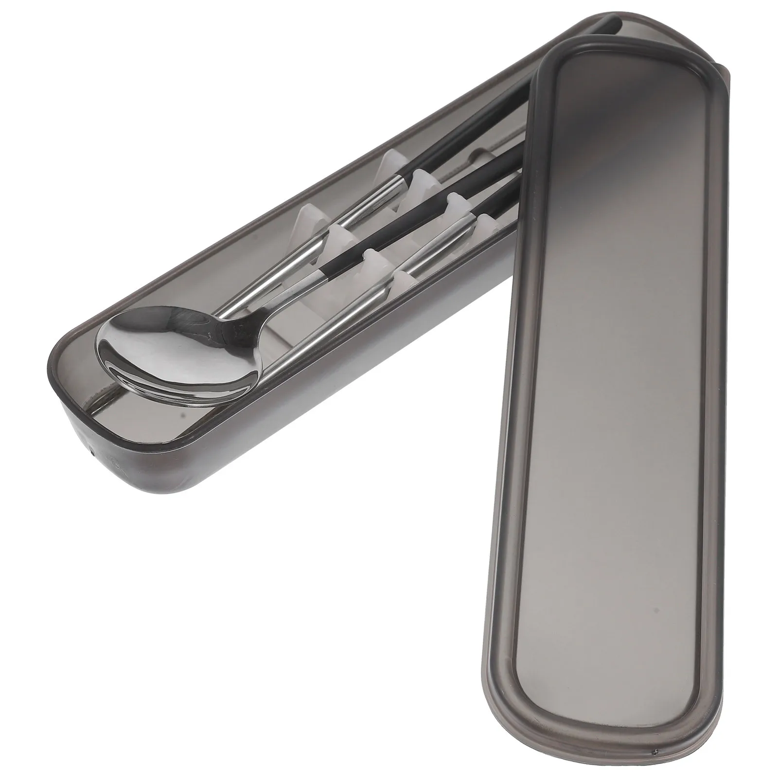 مجموعة واحدة من أدوات المائدة المصنوعة من الفولاذ المقاوم للصدأ مع ملعقة وعيدان تناول الطعام بتصميم مدمج للوجبات أثناء التنقل، سهلة التنظيف وآمنة للاستخدام في غسالة الأطباق