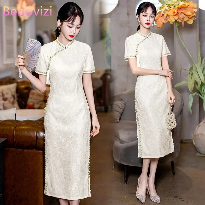 

2024 New Arrival Elegant and Pretty Retro Slim Improved Cheongsam Short Sleeve Lace Dress Qipao Plus Size