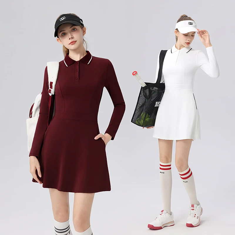 2025 Autumn Spring Tennis Dress for Women Long Sleeve Polo Collar Golf Dresses Breathable Slim Lapel Skirt with Pocket and Short