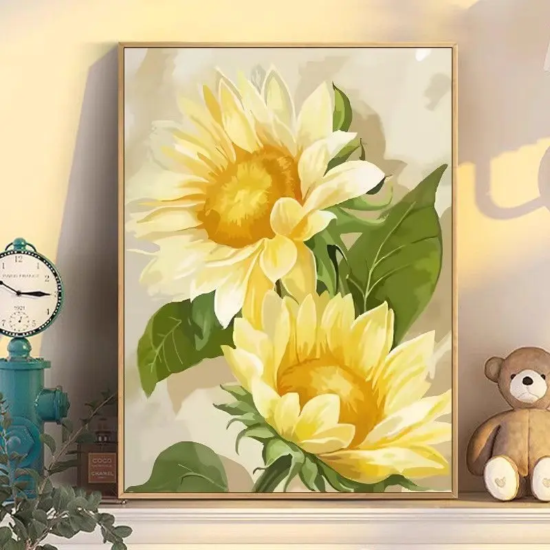 

Pure handmade cross stitch finished product with sunflowers growing in the sun, vertical version, entrance, living room,