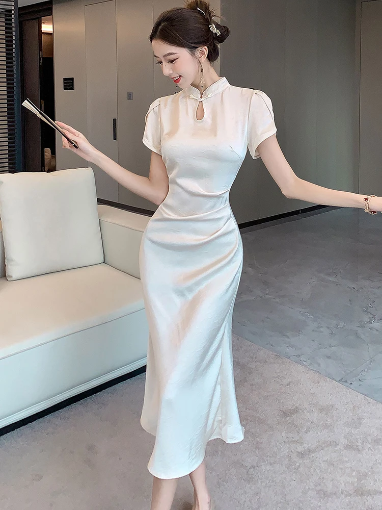 الصيف خلات الساتان الجاكار خمر شيونغسام فستان المرأة أنيقة Bodycon ثوب فاخر 2025 الكورية خمر مهرجان فستان الحفلات #4