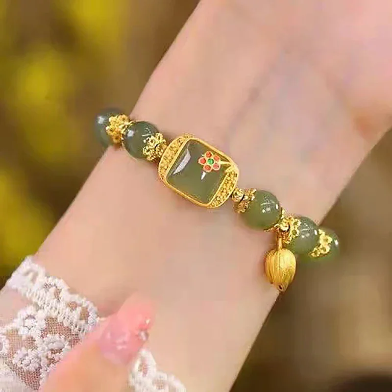 Chinese Style Imitating Hetian Jade Bracelet Square Sugar Lotus Beaded Bracelet High-end Generous Light Luxury Lucky Bracelet