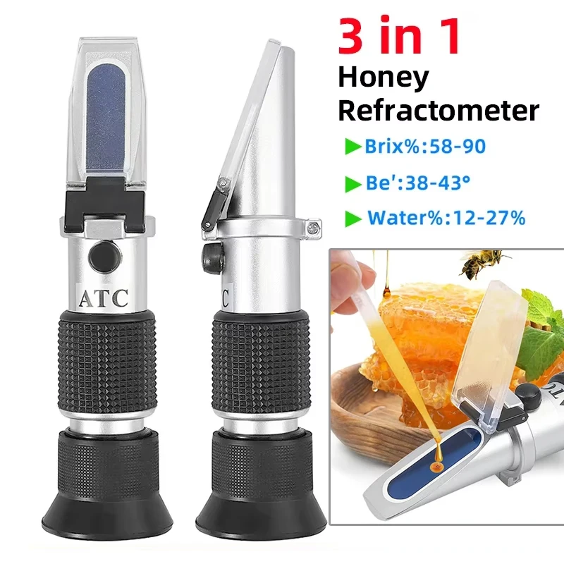 Portable 3 in 1 Honey Refractometer 58-90% Brix Sugar Concentration Meter for Moisture Handheld Tester for 38-43% Baume Degree