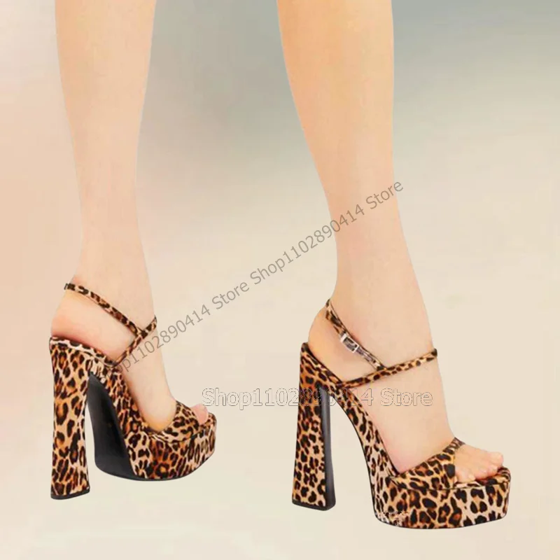 Leopard Print Open Toe Platform Sandals Ankle Buckle Strap Women Shoes Chunky High Heels Fashion Party 2024 Zapatos Para Mujere