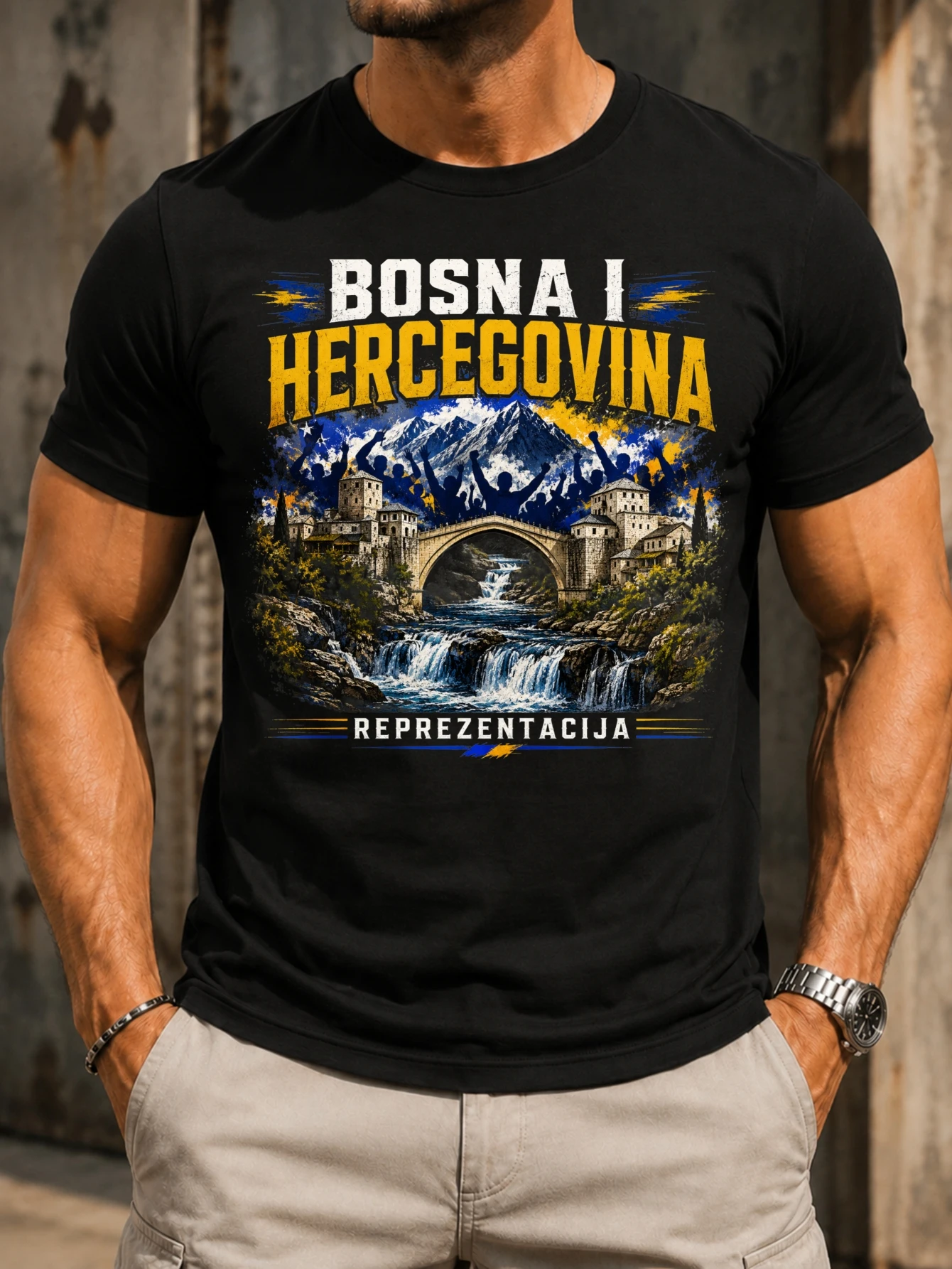 Bosna I Hercegovina bridge waterfall mountains and fan silhouettes blue yellow reprezentacija  Unisex All T-Shirt