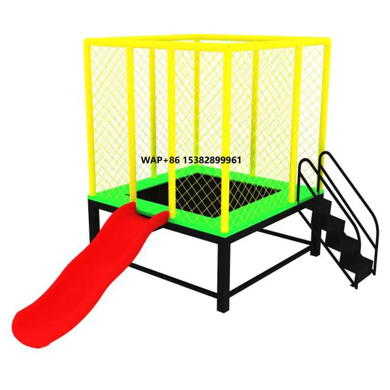 Kids Rectangle Cage Ball Fitness Trampoline, Outdoor Indoor Fitness Jumping Bungee Trampoline Square with Small Slide