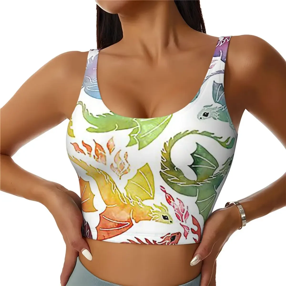 Custom Dragon Fire Rainbow Women Sports Bras High Impact Vest Gym Workout Yoga Crop Tank Tops
