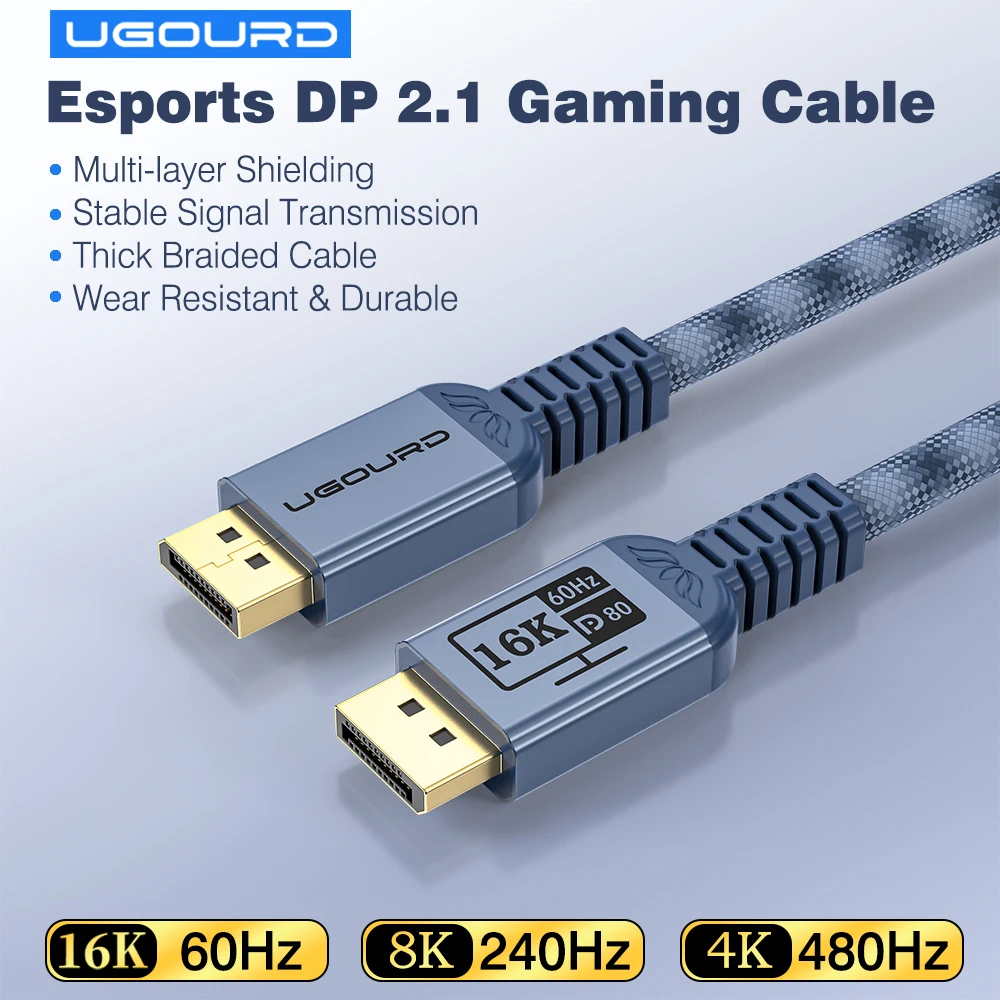 UGOURD DP 2.1 Cable 80Gbps UHBR20 DisplayPort Cable 16K@60Hz HDR HDCP2.3 DP80LL Low Loss for RTX 5090 4090 4K240Hz 8K120Hz(DSC)