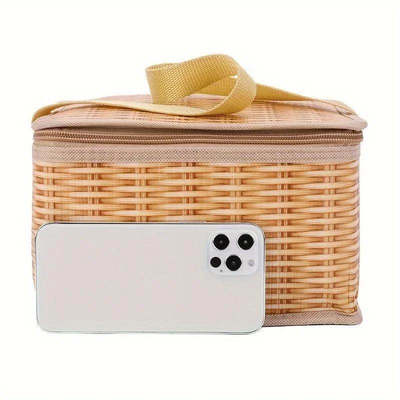 1pc New Portable Wicker Rattan Food Container Basket Insulation Bag Lunch Box Picnic Bag for Outdoor Camping