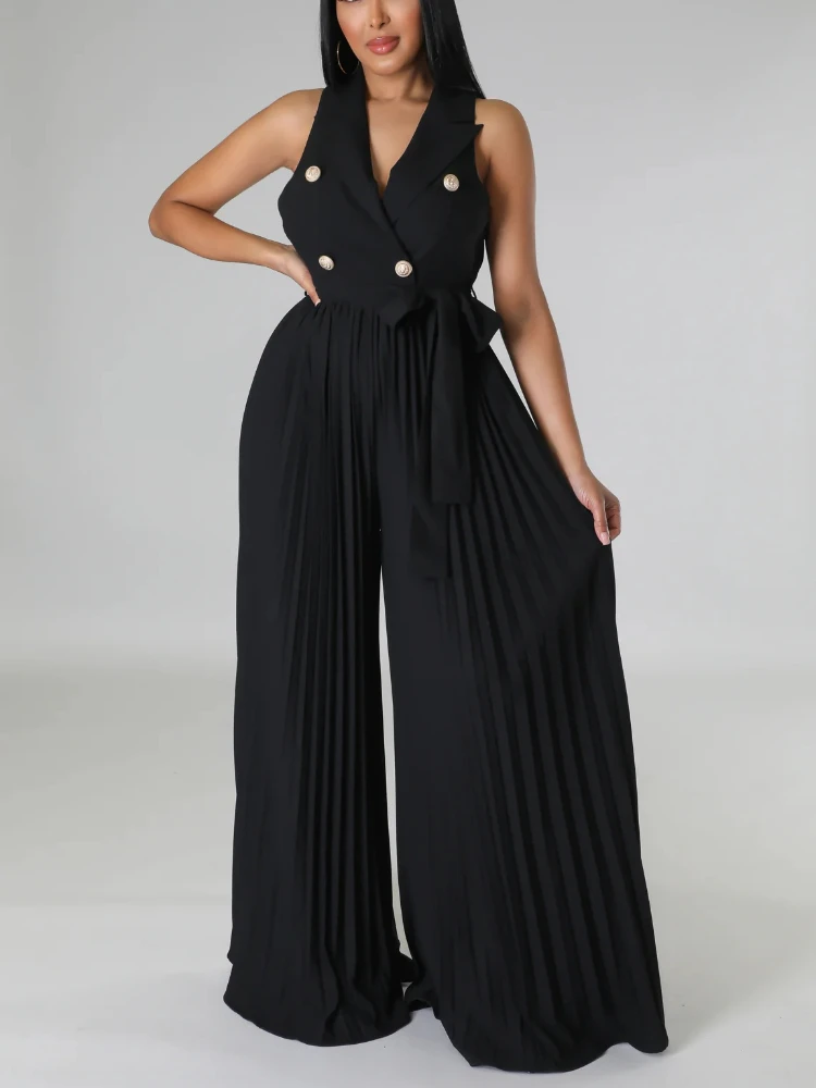 Sleeveless Jumpsuits for Women Casual Pleated Wide Leg Pants Belt Button Down Notched Lapel Back Out Summer One Piece Outfits