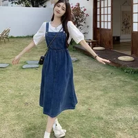 2025 Fashion Women Denim Suspender Skirt Spring Summer Causal Strap Female High Waist A-line Solid Lace-up Woman Skirts 6