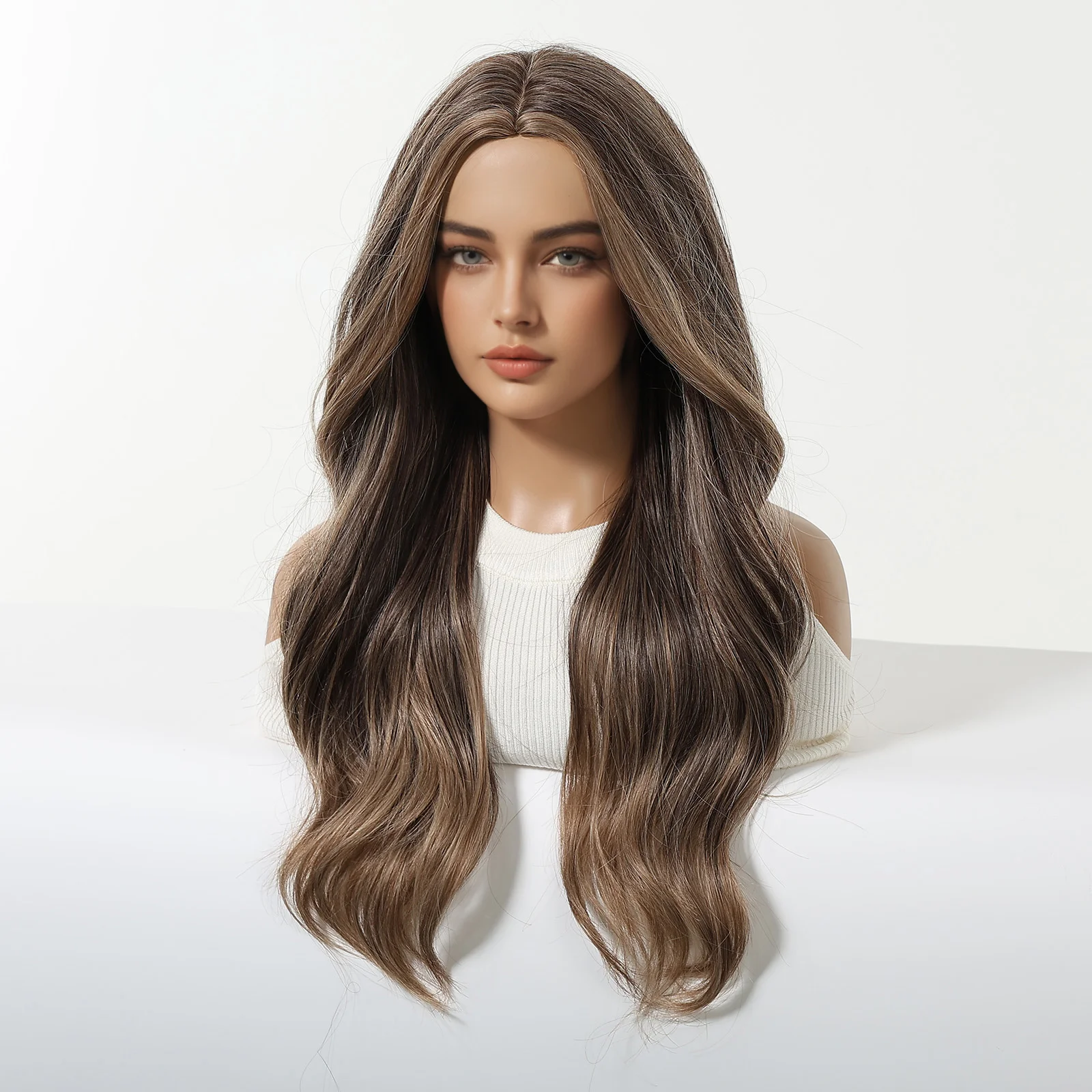 Blonde Unicorn Brown Ombre Middle Part Long Wavy Synthetic Wig for Women Heat Resistant Gradual Blended Color Hair for Daily image 2