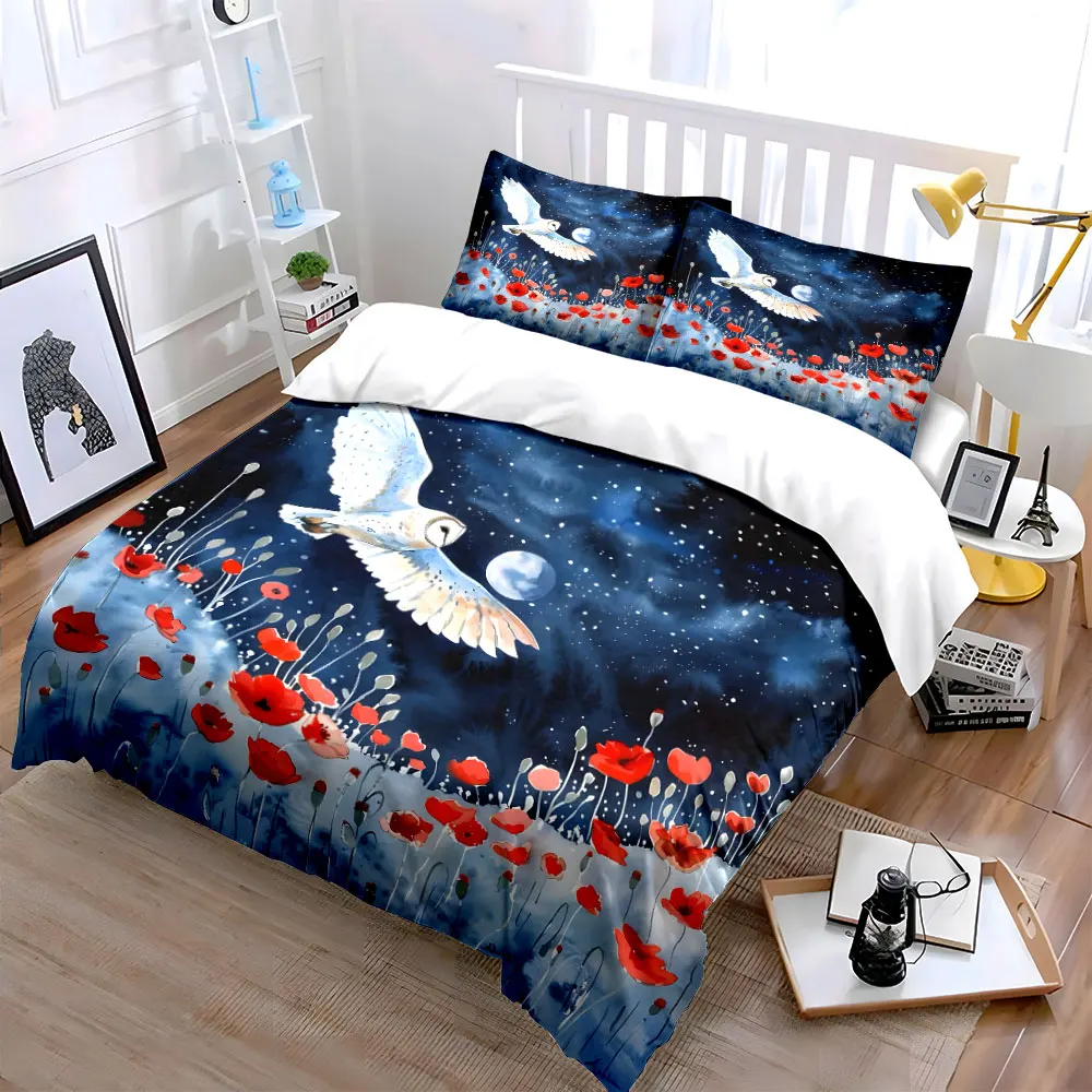 Owl in Night Sky with Poppies Pattern Duvet Cover Set Digital Print Colorful Polyester Bedding with Zipper Closur for gifts