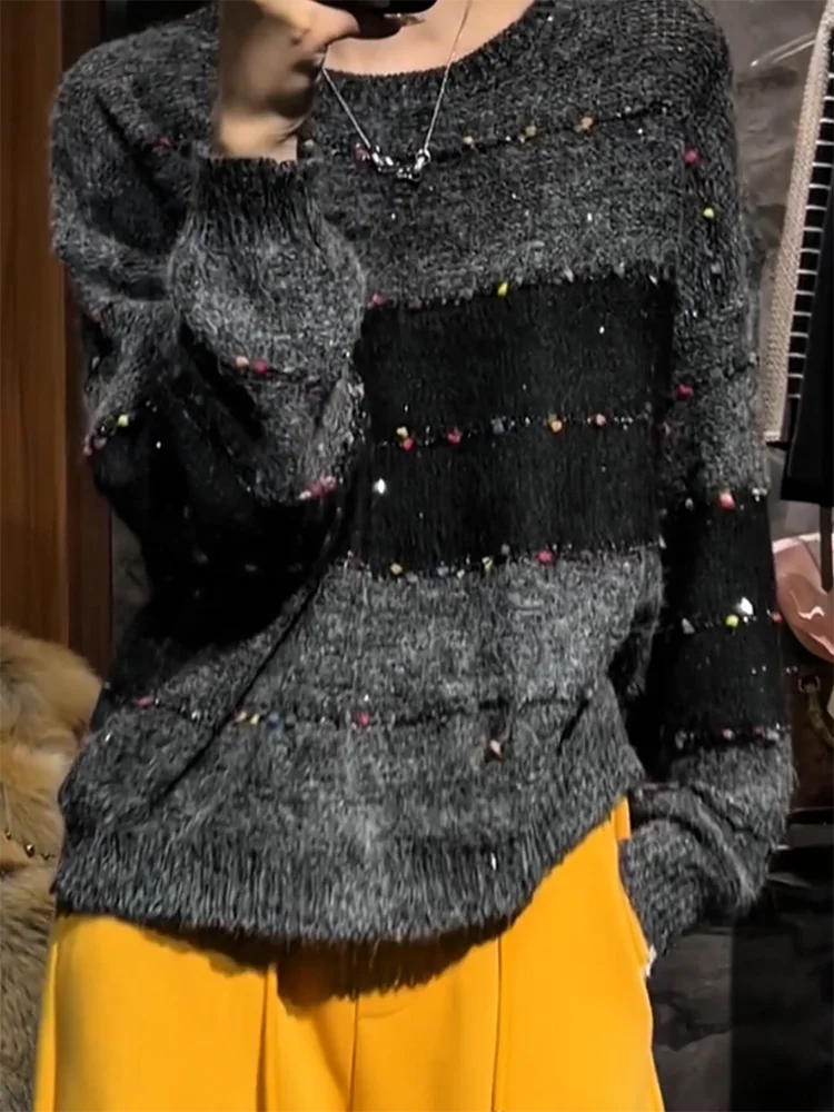 

Корейский свитер с пайетками и вставками, модный облегающий топ больших размеров, осенне-зимняя новинка, теплый, с длинными рукавами