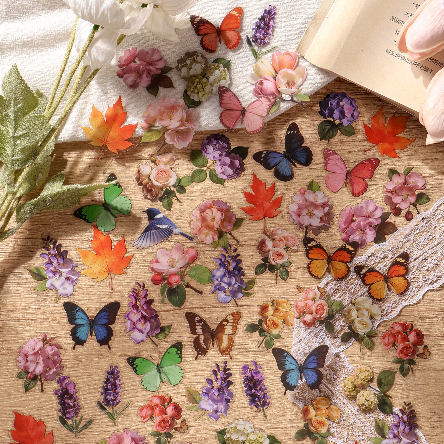 15 Sheets Retro Botanical Transparent PET Sticker Pack, Aesthetic Scrapbooking Collage Supplies