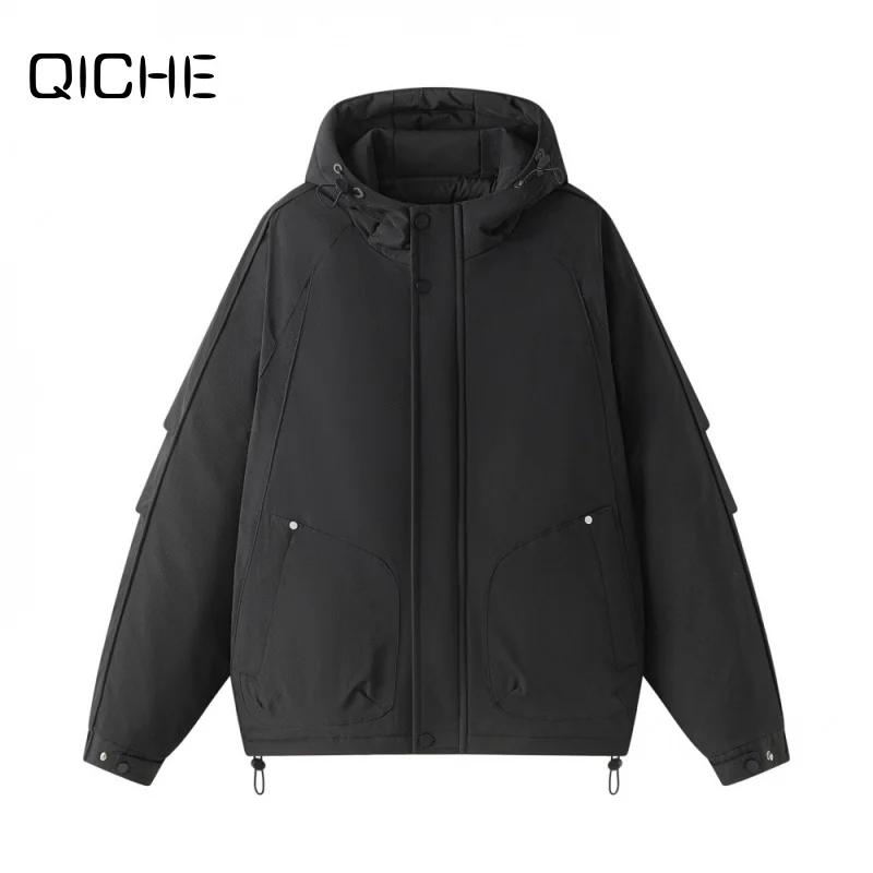 QICHE 2026 Men's Hooded Workwear Down Jacket Winter New Outdoor Windproof Parka Style Loose Warm Outerwear