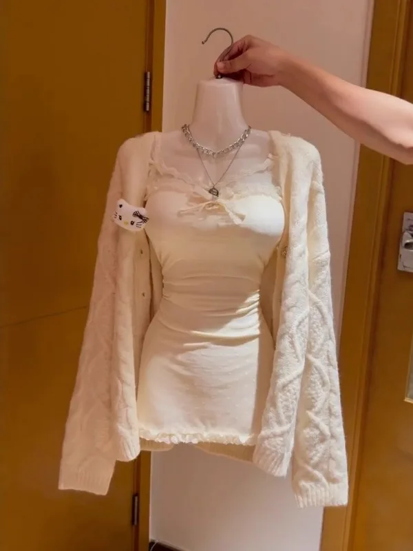 

Весенний комплект из двух предметов: сексуальное платье с кружевными вставками и завязками, абрикосовый кардиган с длинными рукавами для женщин