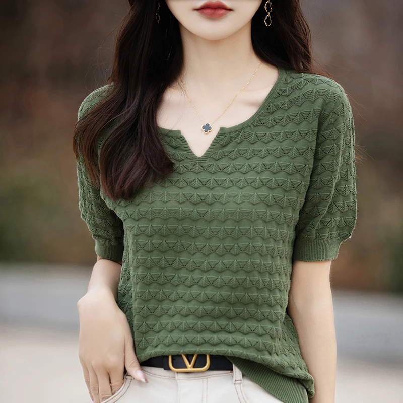 2024 Summer New Short sleeved Women's V-neck Solid Color 100% Cotton Pullover T-shirt Knitted Loose Fashion Women's Top T-shirt