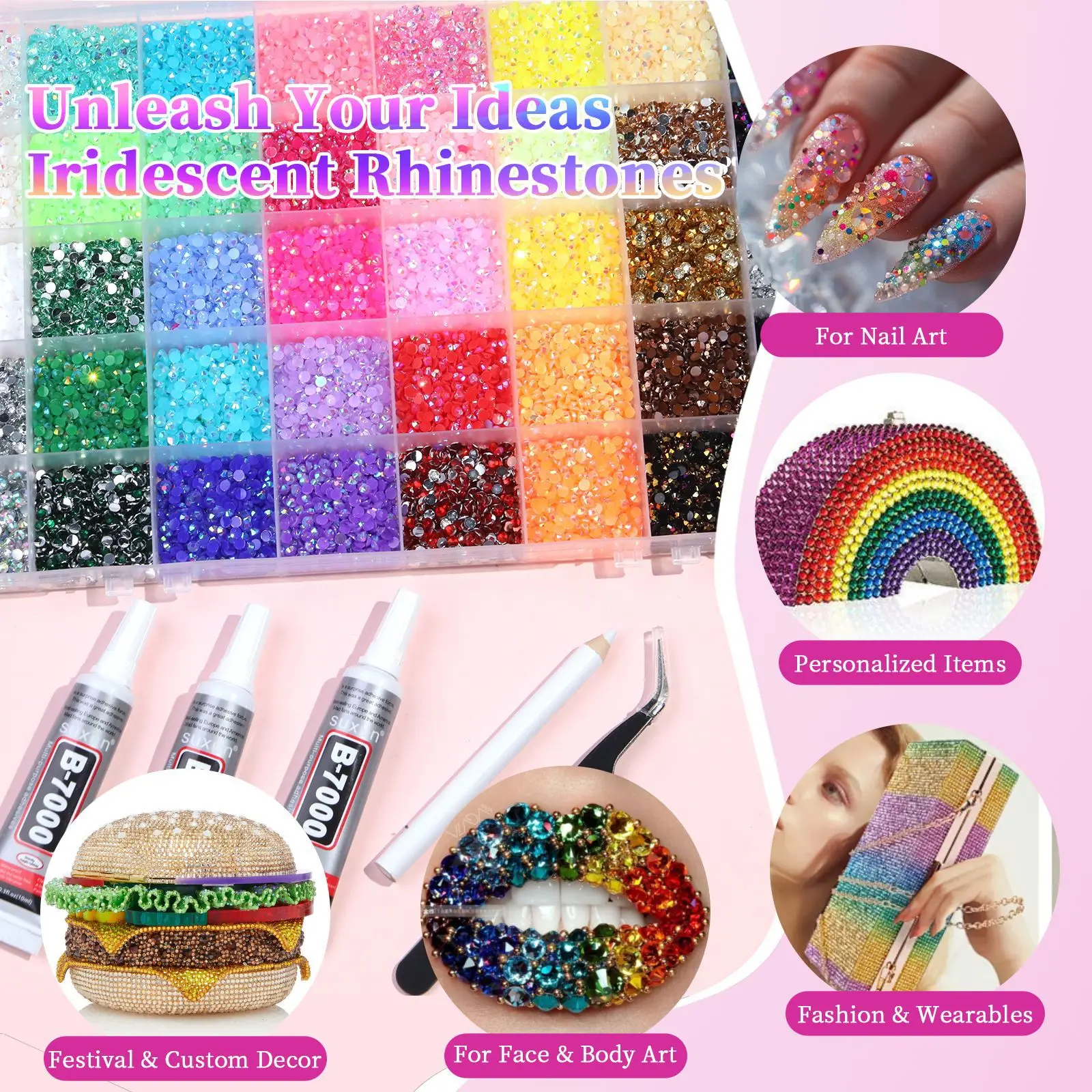 31/40/48 Grids Nail Art Rhinestones Kit Flat Back Resin Pearls Multi-Color Mixed Size DIY Nail Decorations for Manicure & Crafts