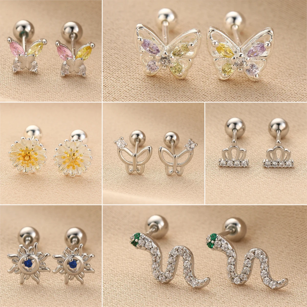 Silver Color Astronaut Helix Ear Piercing Stud Earrings for Women Mini Zircon Star Moon Tragus Cartilage Piercing Jewelry Gift