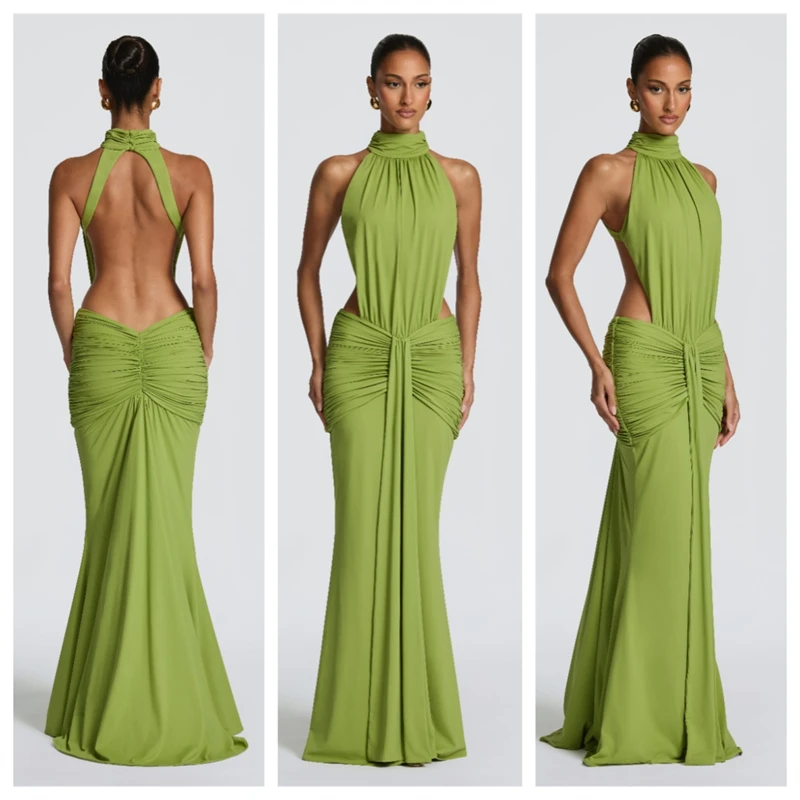 

Elegant Halter Backless Mermaid Evening Gown Ruched Cutout Bodycon Prom Dress Women Formal Party Cocktail Wedding Maxi Dresses