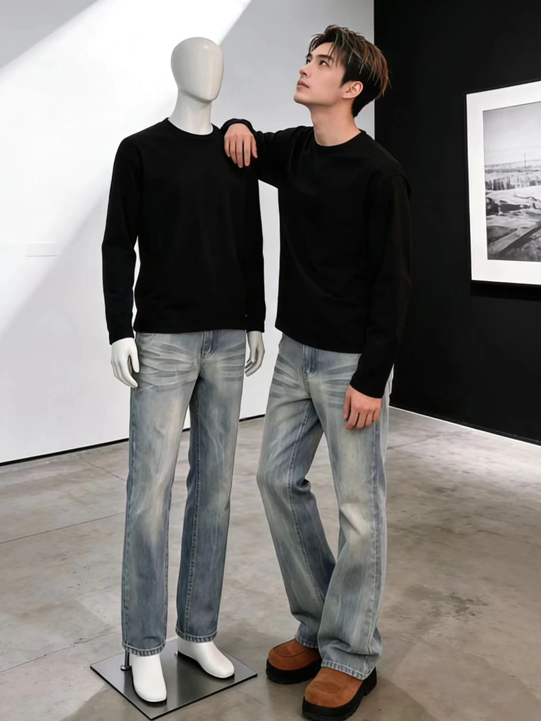 

Мужские зимние джинсы American Sle Bamboo Texture Bent Knife с начесом, свободного кроя, прямые штанины, в стиле High Street Vibe