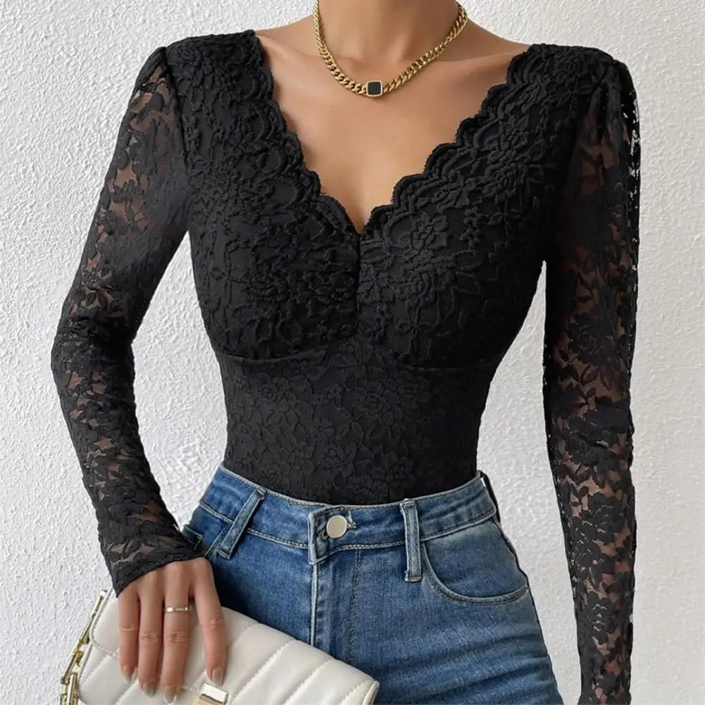 Women Bodysuit Flower Embroidery Lace Elastic Long Sleeve Deep V Neck See-through Slim Fit Soft Spring Playsuit Female Jumpsuits