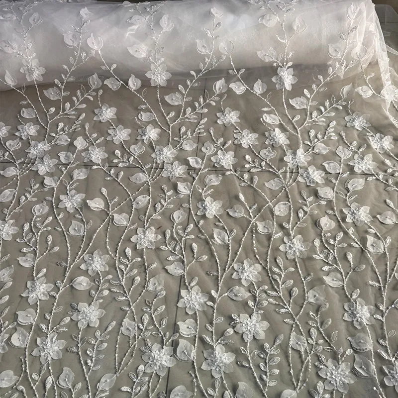 Deluxe Leaf Petal Embroidered Lace With Sequins And Beads Luxury Sheer Fabric For Wedding Decoration Evening Dress DIY Apparel