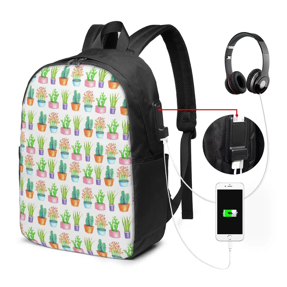 Succulent Plant Potted Watercolor Painting Backpack Travel Notebook Bag Computer College Student School Bag Laptop Shoulder Bags