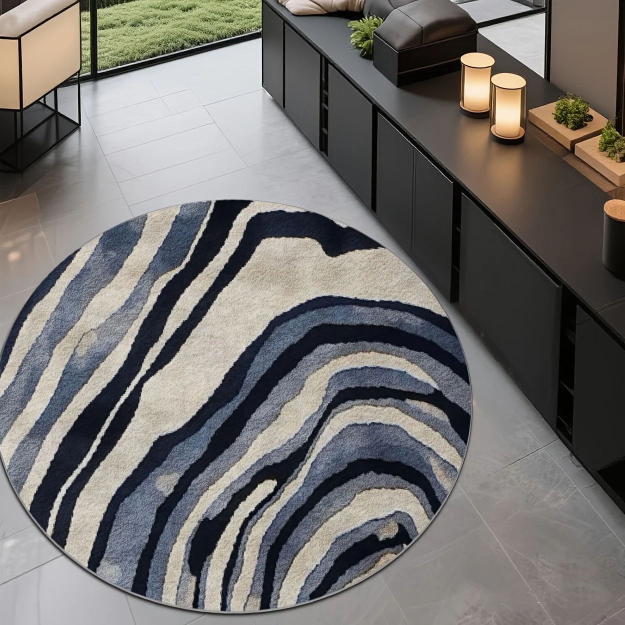 Contemporary Flowing Line Pattern Area Carpet Non Slip Round Doormat For Boutique Restaurant Dance Gym Hall