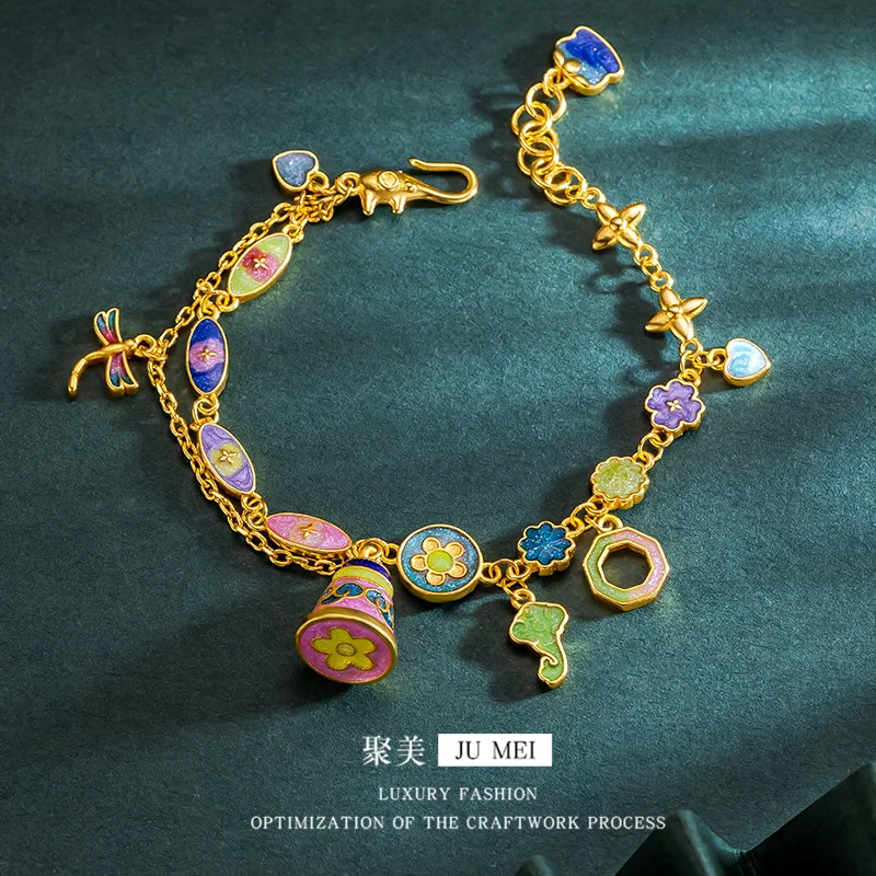 

9999 24K real gold enamel design dopamine colorful bracelet personalized trend niche high-end fashion multicolor pattern jewelry
