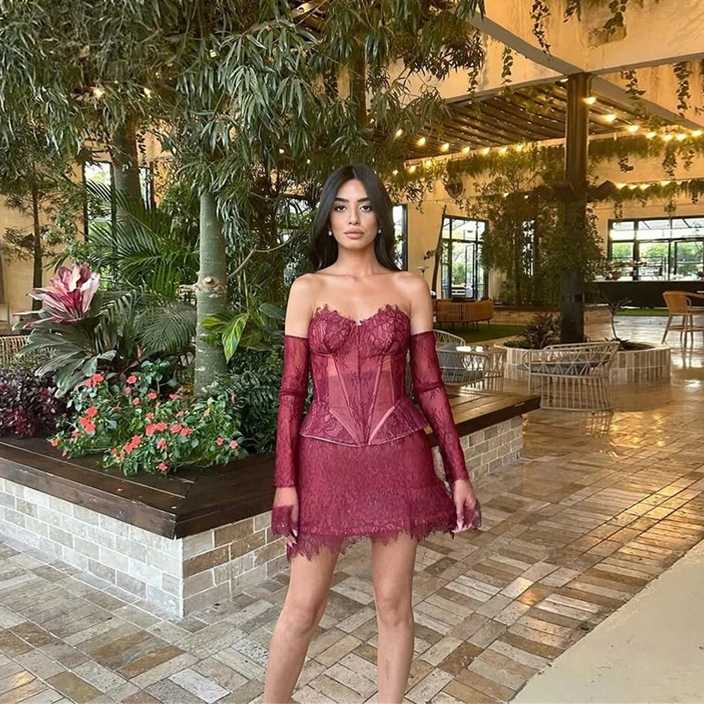 

Lace Sweetheart Short Bespoke Occasion Gown Evening Dresses Prom Pastrol Unisex Jersey Retro Dubai Saudi Arabic Customized