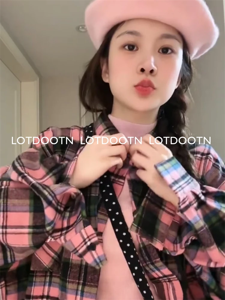 LOTDOOTN Vintage Plaid Long Sleeve Shirts Female Autumn Office Single Breasted Woman Blouse Fashion Casual Turn Down Collar Tops