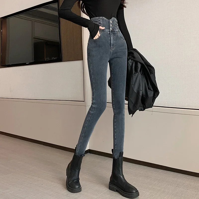 quality Skinny Pencil Jeans three Buttons Vintage High Waist Women Slim Stretch Denim Pants Tight Trousers Women's Pants