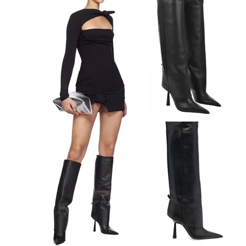 

Европейские и американские женские осенне-зимние сапоги с большим круглым носком на высоком каблуке и юбке с краями, длинные рыцарские сапоги с рисунком из трубочки