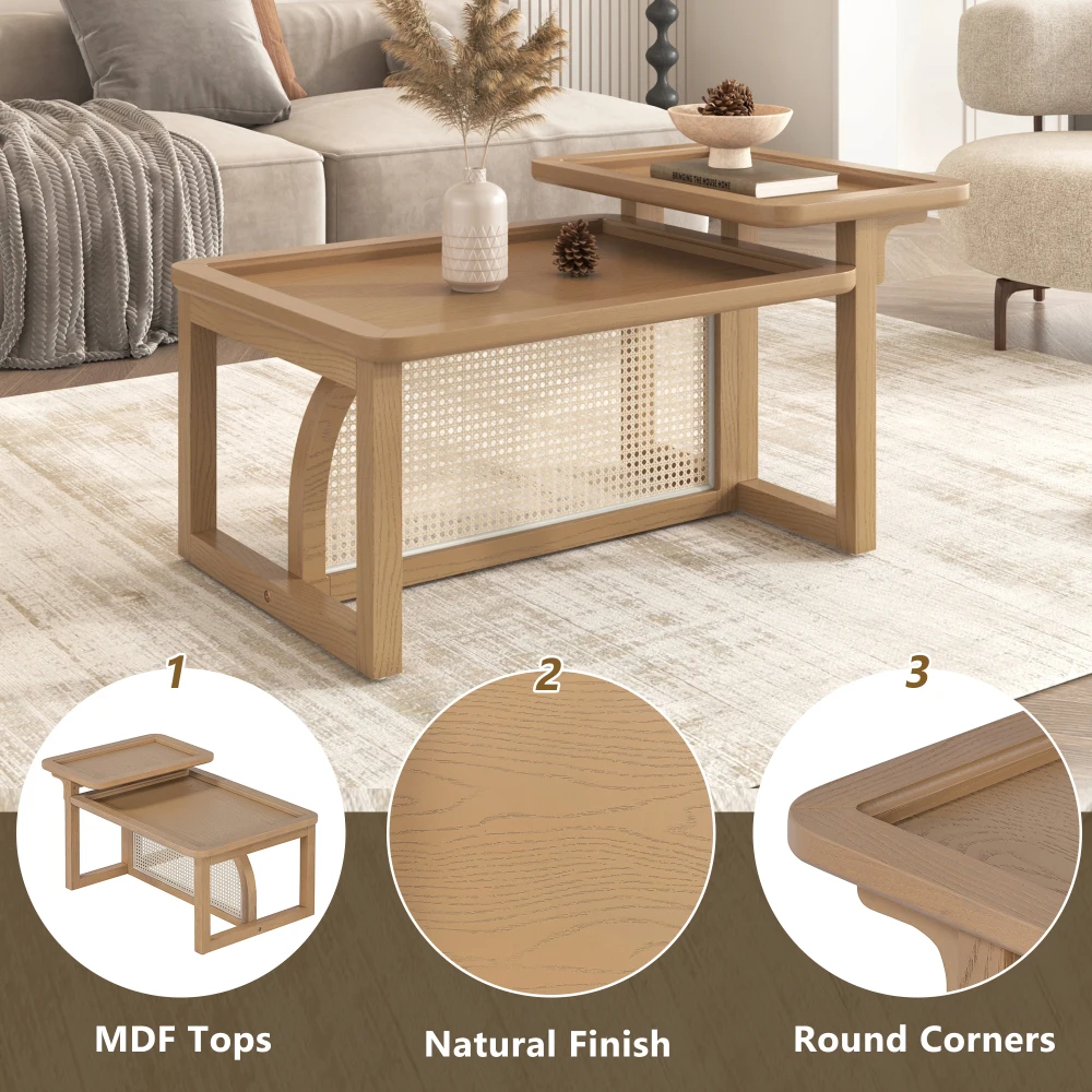 Conjunto moderno de 2 peças de madeira de vime + mesa de centro MDF em mesa de centro natural