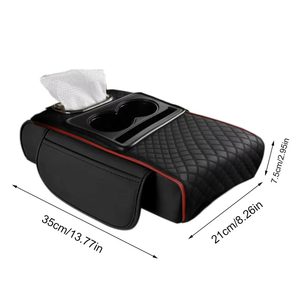 PU Leather Car Armrest Cover with Tissue Box Cup Holder Phone Support Foam Console Organizer Protective Pillow Cover Height Pad