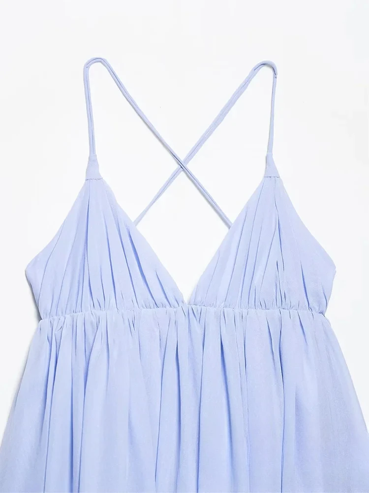 เดรสสายเดี่ยวสีน้ำเงินเซ็กซี่โรแมนติกสำหรับผู้หญิง คอวีลึก เปิดหลัง มินิเดรส แฟชั่นใหม่ 2025 ฤดูร้อน สไตล์หวานซ่อนเปรี้ยว เหมาะสำหรับวันหยุดพักผ่อน ผ้าพลิ้วไหว