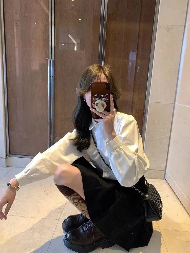 

Long Sleeve Shirts Womens Satin Oversized Buttoned Tops Lantern Sleeves Slim Fit Pleated Hem Polka Dot Preppy Feminine Retro Ins