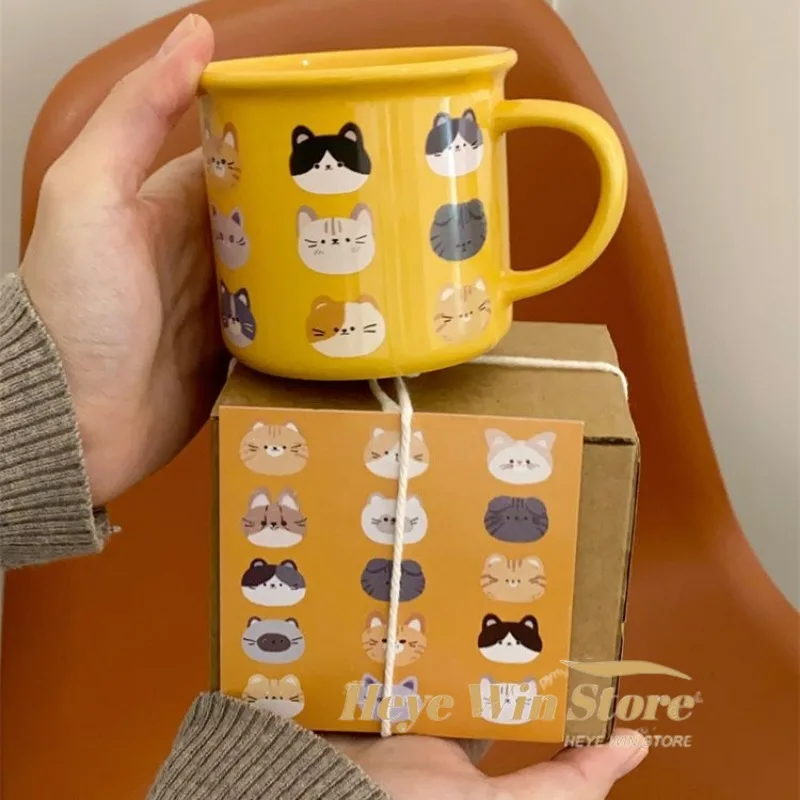 Full Screen Cat Warm Yellow Mug Gift Box, Couple's Water Cup As A Souvenir, Ceramic Coffee Cup for Home Use