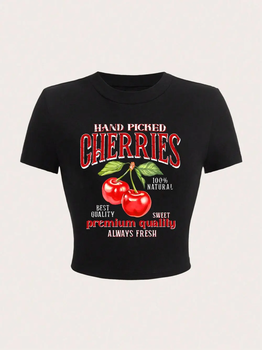 Personality Womans Crop Tops Hand Picked Cherries Prints Short Sleeve Stretch Soft O-Neck Tee Shirts Sexy Club Female Clothes