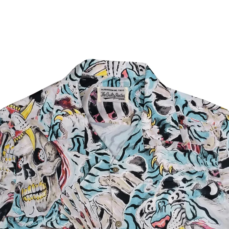 WACKO MARIA Mens High Street Casual Trendy Tiger Totem Skull Full Print Hawaii Long Sleeve Shirt Womens Brand Shirt
