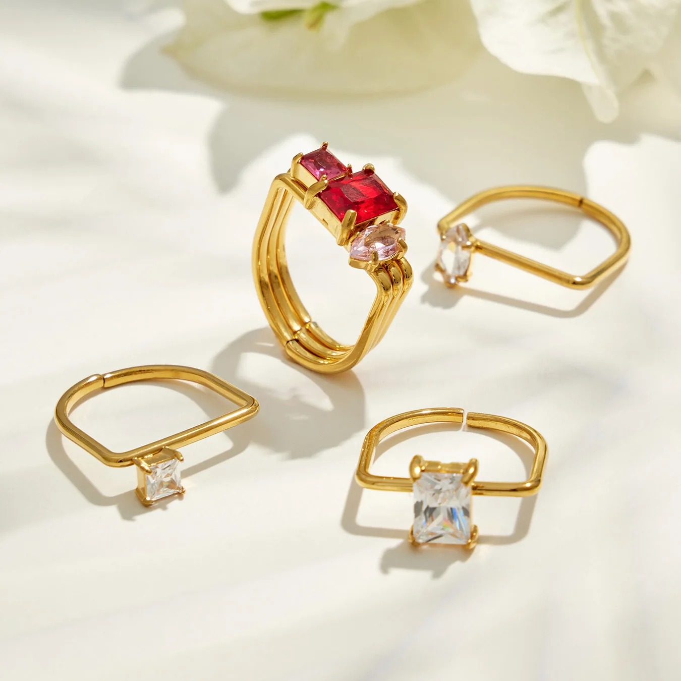 3-teiliges Edelstahlring-Set, 3-in-1 Stapelringe, 18K vergoldete Ringe, bunte Zirkon-Dreifachringe für Damen – Detail 11