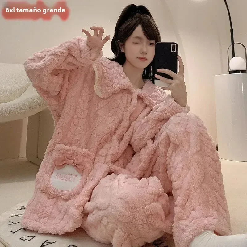 Thickened Fleece Women's Pajamas Winter Coral Cardigan Dormitory Homewear Suit Plus Size Comfortable Sleepwear