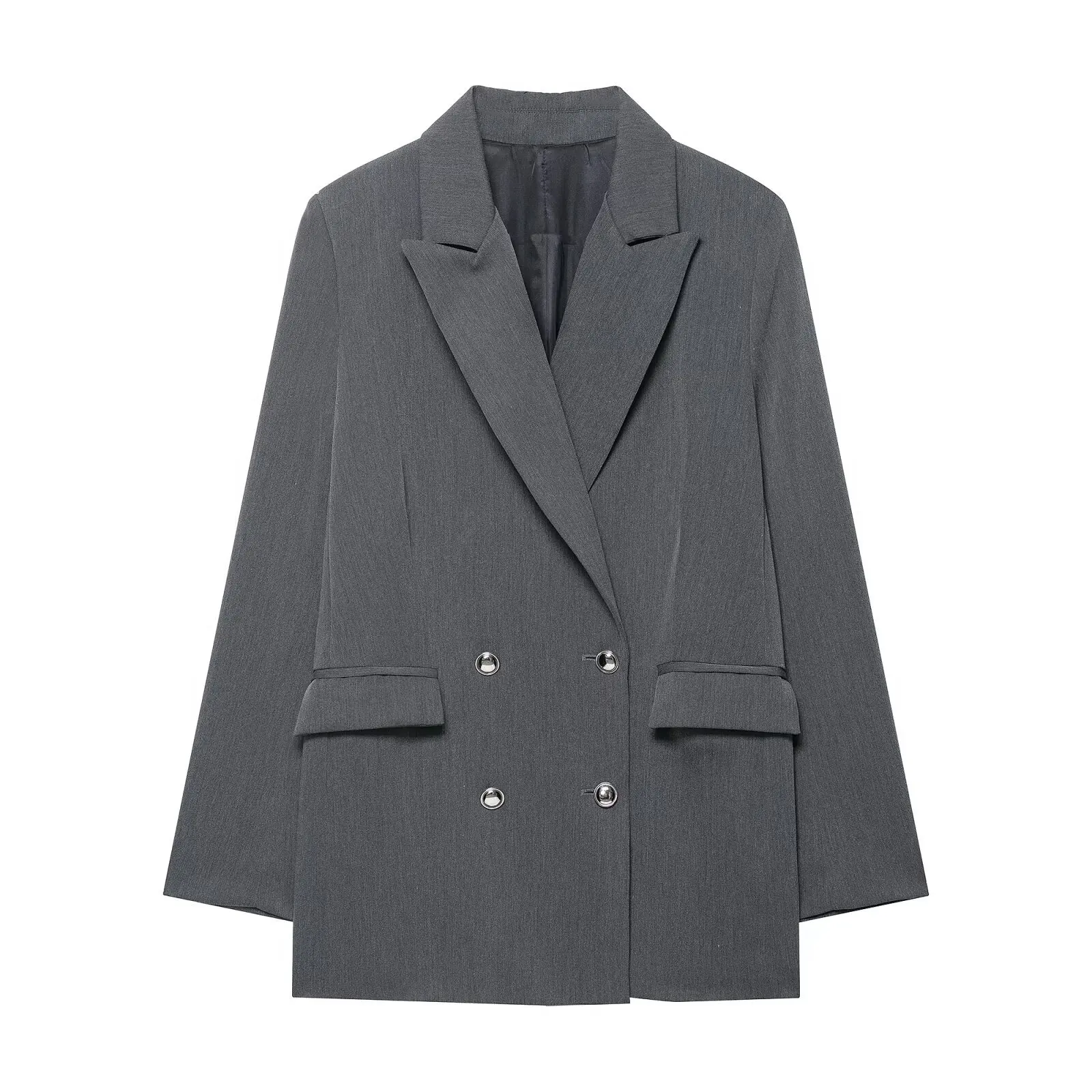 

Commuting Autumn Women's Suit Jacket Lapel Collar Grey Double Breasted Pockets Female's Outwear Versatile Office Lady's Coat