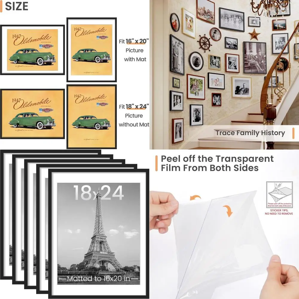 

Set of 5 Black Picture Frames for 16x20 Photos with Mats or 18x24 Without Mats, Wall Gallery Frames
