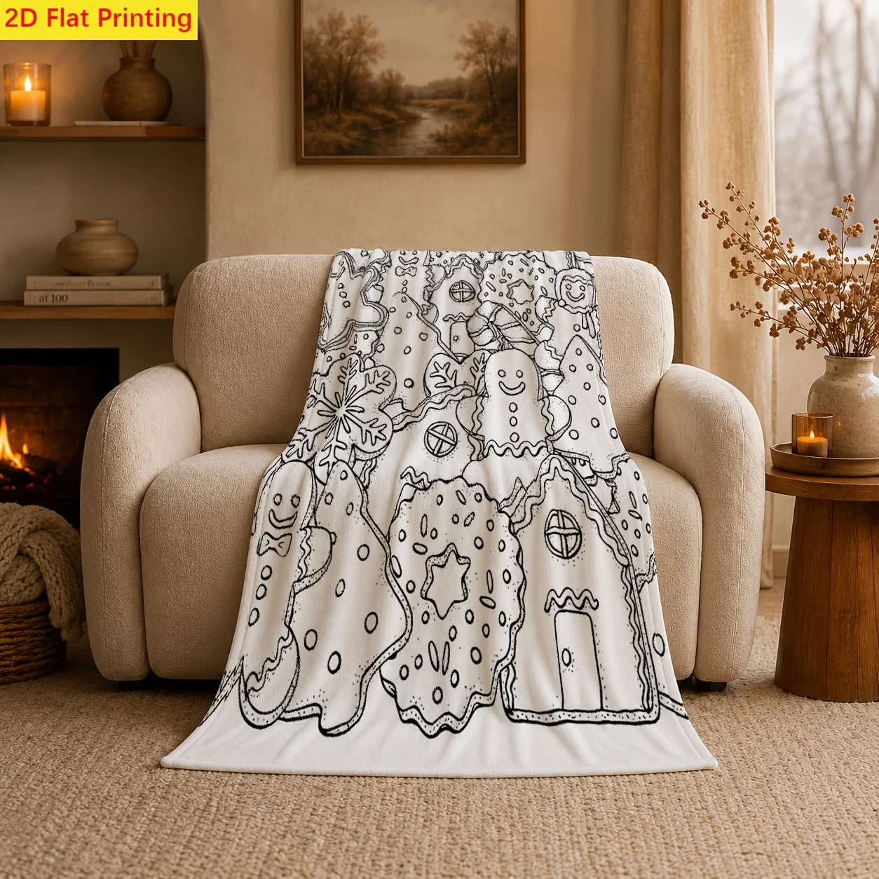 1pc 2D Flat Christmas Cookie Line Art Blanket, Soft & Machine Washable, for Sofa, Bed, Office, Camping, Holiday & Birthday Gift