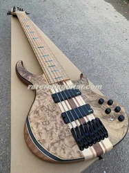 In Stock 7 Strings Natural Burl Spalted Quilted Maple Top Electric Bass Gutiar  Neck Through Body Active Pickups 9V Battery Box