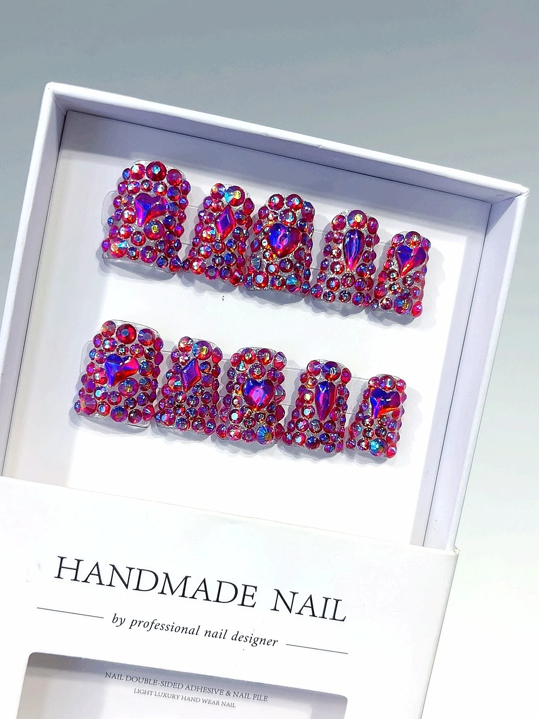 

Red Pink Rhinestone Heart Press on Nails（L198）